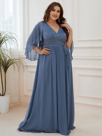 Plus Size Deep V Neck Lace Bodice Long Flowy Evening Dress - Dusty Navy