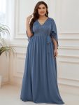 Plus Size Deep V Neck Lace Bodice Long Flowy Evening Dress – Dusty Navy