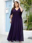 Plus Size Deep V Neck Lace Bodice Long Flowy Evening Dress – Dark Purple