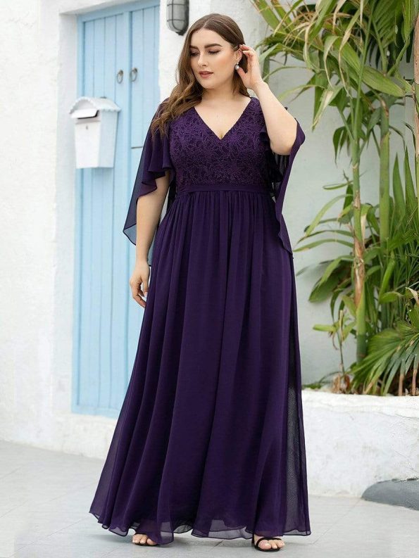 Plus Size Deep V Neck Lace Bodice Long Flowy Evening Dress - Dark Purple