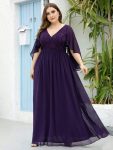 Plus Size Deep V Neck Lace Bodice Long Flowy Evening Dress – Dark Purple