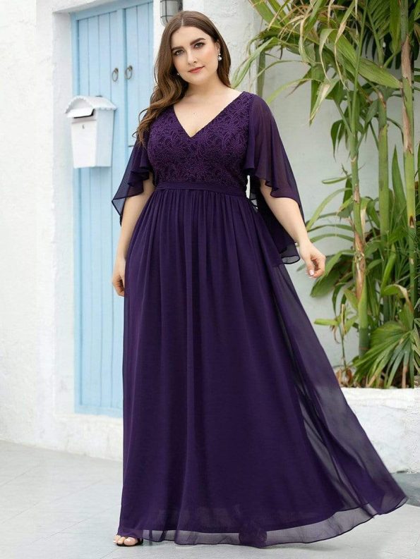 Plus Size Deep V Neck Lace Bodice Long Flowy Evening Dress - Dark Purple