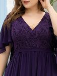 Plus Size Deep V Neck Lace Bodice Long Flowy Evening Dress – Dark Purple