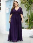 Plus Size Deep V Neck Lace Bodice Long Flowy Evening Dress – Dark Purple