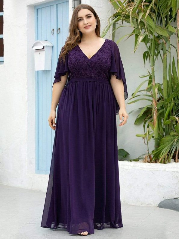 Plus Size Deep V Neck Lace Bodice Long Flowy Evening Dress - Dark Purple