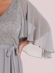 Plus Size Deep V Neck Lace Bodice Long Flowy Evening Dress – Grey