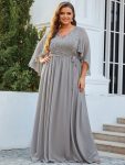 Plus Size Deep V Neck Lace Bodice Long Flowy Evening Dress – Grey