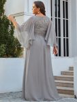 Plus Size Deep V Neck Lace Bodice Long Flowy Evening Dress – Grey