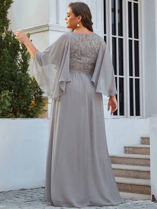 Plus Size Deep V Neck Lace Bodice Long Flowy Evening Dress - Grey