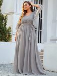 Plus Size Deep V Neck Lace Bodice Long Flowy Evening Dress – Grey