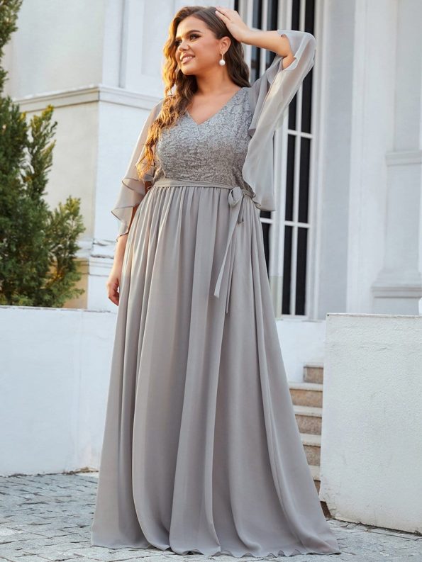 Plus Size Deep V Neck Lace Bodice Long Flowy Evening Dress - Grey