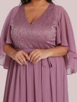 Plus Size Deep V Neck Lace Bodice Long Flowy Evening Dress – Purple Orchid