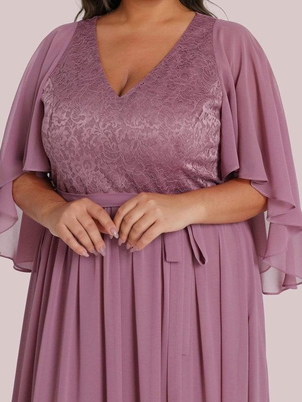 Plus Size Deep V Neck Lace Bodice Long Flowy Evening Dress - Purple Orchid