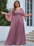 Plus Size Deep V Neck Lace Bodice Long Flowy Evening Dress – Purple Orchid