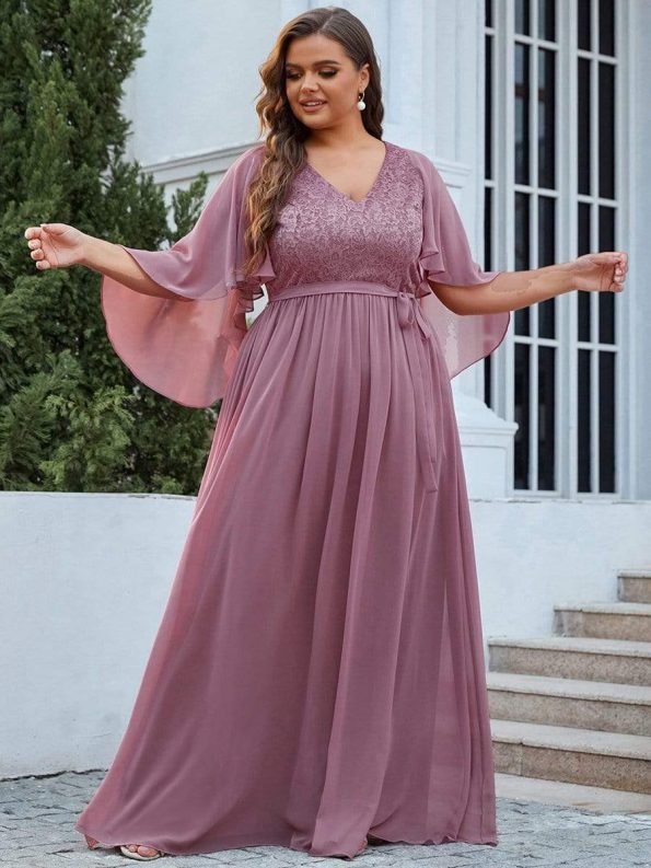 Plus Size Deep V Neck Lace Bodice Long Flowy Evening Dress - Purple Orchid