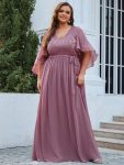 Plus Size Deep V Neck Lace Bodice Long Flowy Evening Dress – Purple Orchid