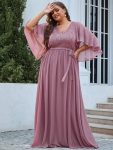 Plus Size Deep V Neck Lace Bodice Long Flowy Evening Dress – Purple Orchid