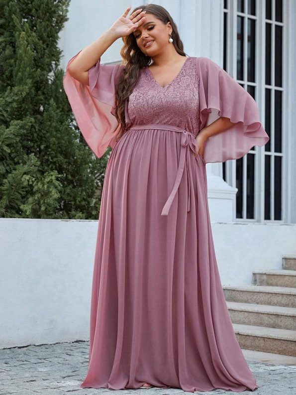 Plus Size Deep V Neck Lace Bodice Long Flowy Evening Dress - Purple Orchid