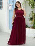 Plus Size Classic Round Neck V Back A-Line Chiffon Bridesmaid Dresses with Lace – Burgundy