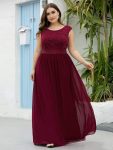 Plus Size Classic Round Neck V Back A-Line Chiffon Bridesmaid Dresses with Lace – Burgundy