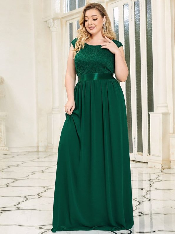 Plus Size Classic Round Neck V Back A-Line Chiffon Bridesmaid Dresses with Lace - Dark Green