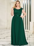 Plus Size Classic Round Neck V Back A-Line Chiffon Bridesmaid Dresses with Lace – Dark Green