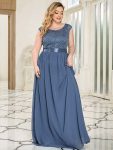 Plus Size Classic Round Neck V Back A-Line Chiffon Bridesmaid Dresses with Lace – Dusty Navy