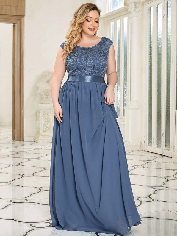 Plus Size Classic Round Neck V Back A-Line Chiffon Bridesmaid Dresses with Lace - Dusty Navy