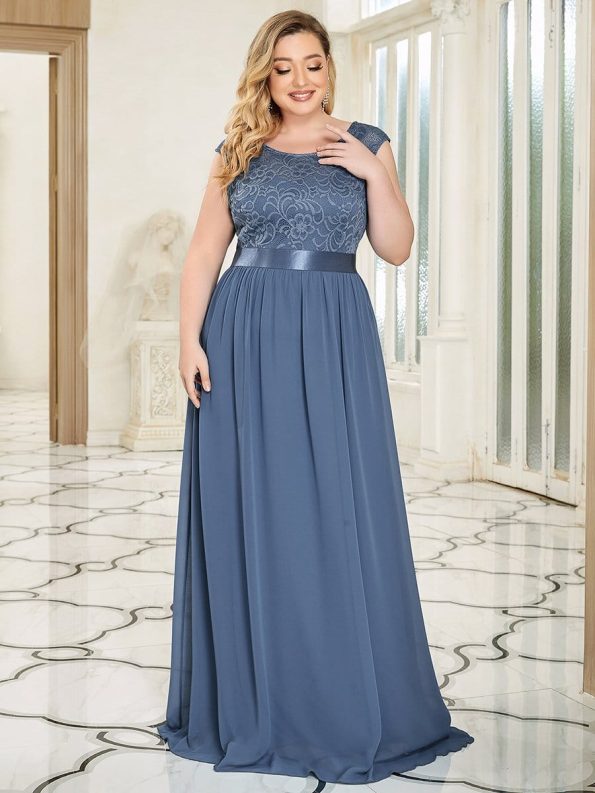 Plus Size Classic Round Neck V Back A-Line Chiffon Bridesmaid Dresses with Lace - Dusty Navy