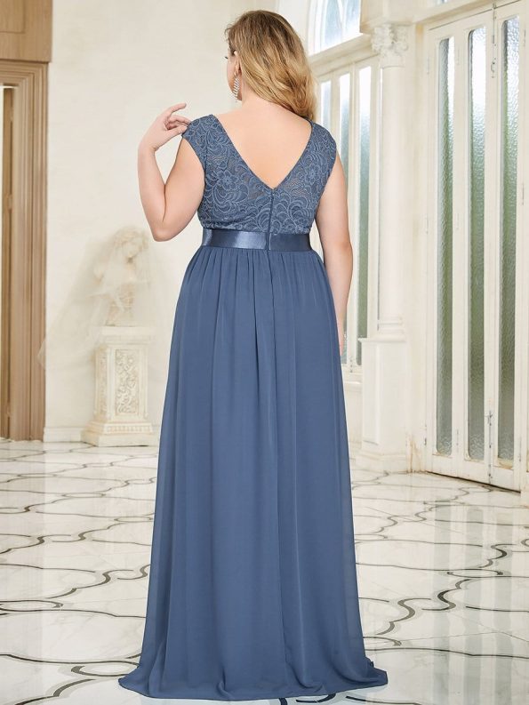 Plus Size Classic Round Neck V Back A-Line Chiffon Bridesmaid Dresses with Lace - Dusty Navy