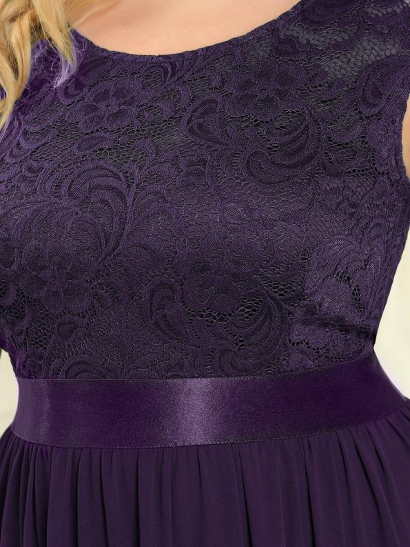 Plus Size Classic Round Neck V Back A-Line Chiffon Bridesmaid Dresses with Lace - Dark Purple