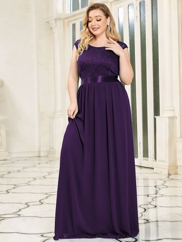 Plus Size Classic Round Neck V Back A-Line Chiffon Bridesmaid Dresses with Lace - Dark Purple