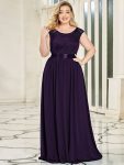 Plus Size Classic Round Neck V Back A-Line Chiffon Bridesmaid Dresses with Lace – Dark Purple