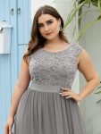 Plus Size Classic Round Neck V Back A-Line Chiffon Bridesmaid Dresses with Lace – Grey