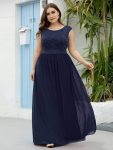 Plus Size Classic Round Neck V Back A-Line Chiffon Bridesmaid Dresses with Lace – Navy Blue