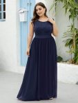 Plus Size Classic Round Neck V Back A-Line Chiffon Bridesmaid Dresses with Lace – Navy Blue