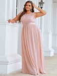 Plus Size Classic Round Neck V Back A-Line Chiffon Bridesmaid Dresses with Lace – Pink