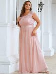 Plus Size Classic Round Neck V Back A-Line Chiffon Bridesmaid Dresses with Lace – Pink