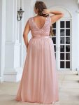 Plus Size Classic Round Neck V Back A-Line Chiffon Bridesmaid Dresses with Lace – Pink