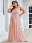 Plus Size Classic Round Neck V Back A-Line Chiffon Bridesmaid Dresses with Lace – Pink