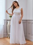 Plus Size Classic Round Neck V Back A-Line Chiffon Bridesmaid Dresses with Lace – White