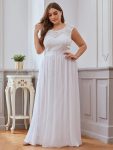 Plus Size Classic Round Neck V Back A-Line Chiffon Bridesmaid Dresses with Lace – White