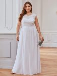 Plus Size Classic Round Neck V Back A-Line Chiffon Bridesmaid Dresses with Lace – White