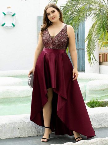 High Low Sleeveless Plus Size Dresses With Sequin for Evening - Burgundy