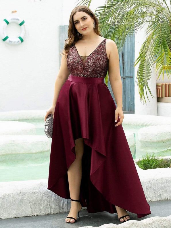 Sparkly Bodice High Low Prom Dresses for Women - Burgundy