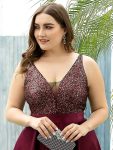 High Low Sleeveless Plus Size Dresses With Sequin for Evening – Burgundy