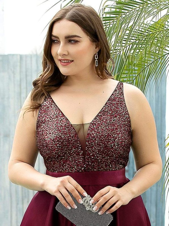 High Low Sleeveless Plus Size Dresses With Sequin for Evening - Burgundy