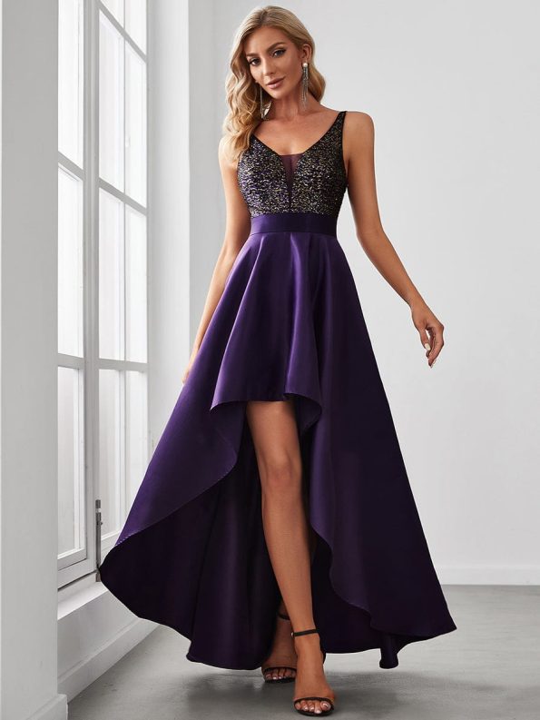 Sparkly Bodice High Low Prom Dresses for Women - Dark Purple