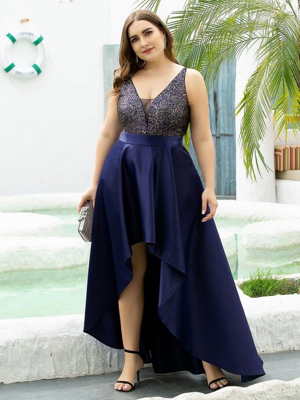 Sparkly Bodice High Low Prom Dresses for Women - Navy Blue