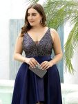 High Low Sleeveless Plus Size Dresses With Sequin for Evening – Navy Blue